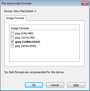 Pre-transcode Formats (Image tab)