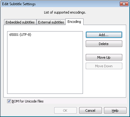 Edit Subtitle Settings (Encoding tab)